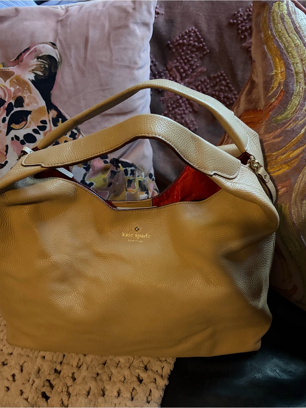 kate spade tan pebbled leather tote with red interior trim